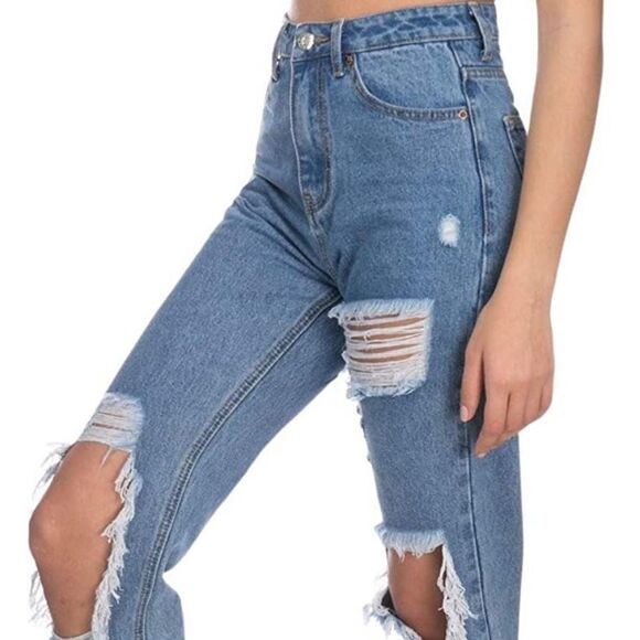 Akira Ripped Distressed Blue High-Waist Mom Jeans NWT M - Picture 1 of 15